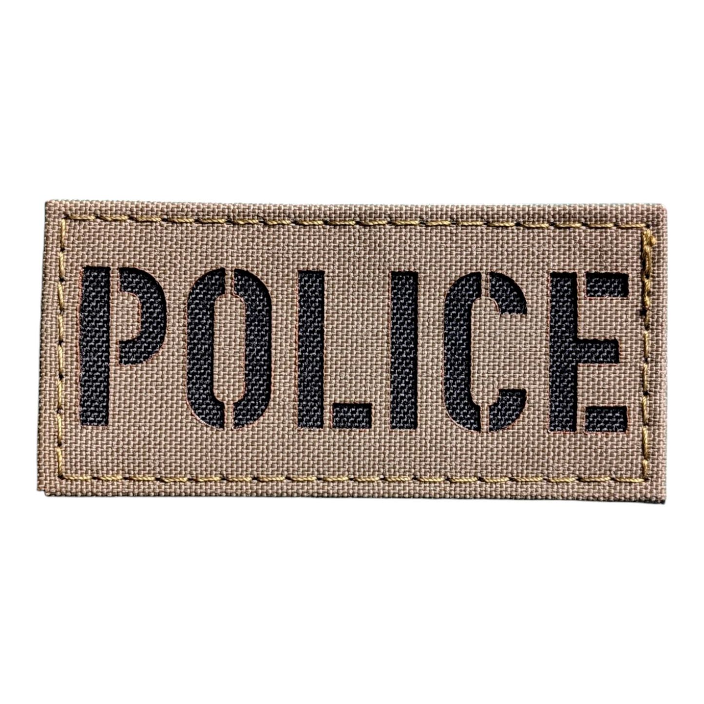 A laser-cut patch with the word 'POLICE' composed of various colors.
