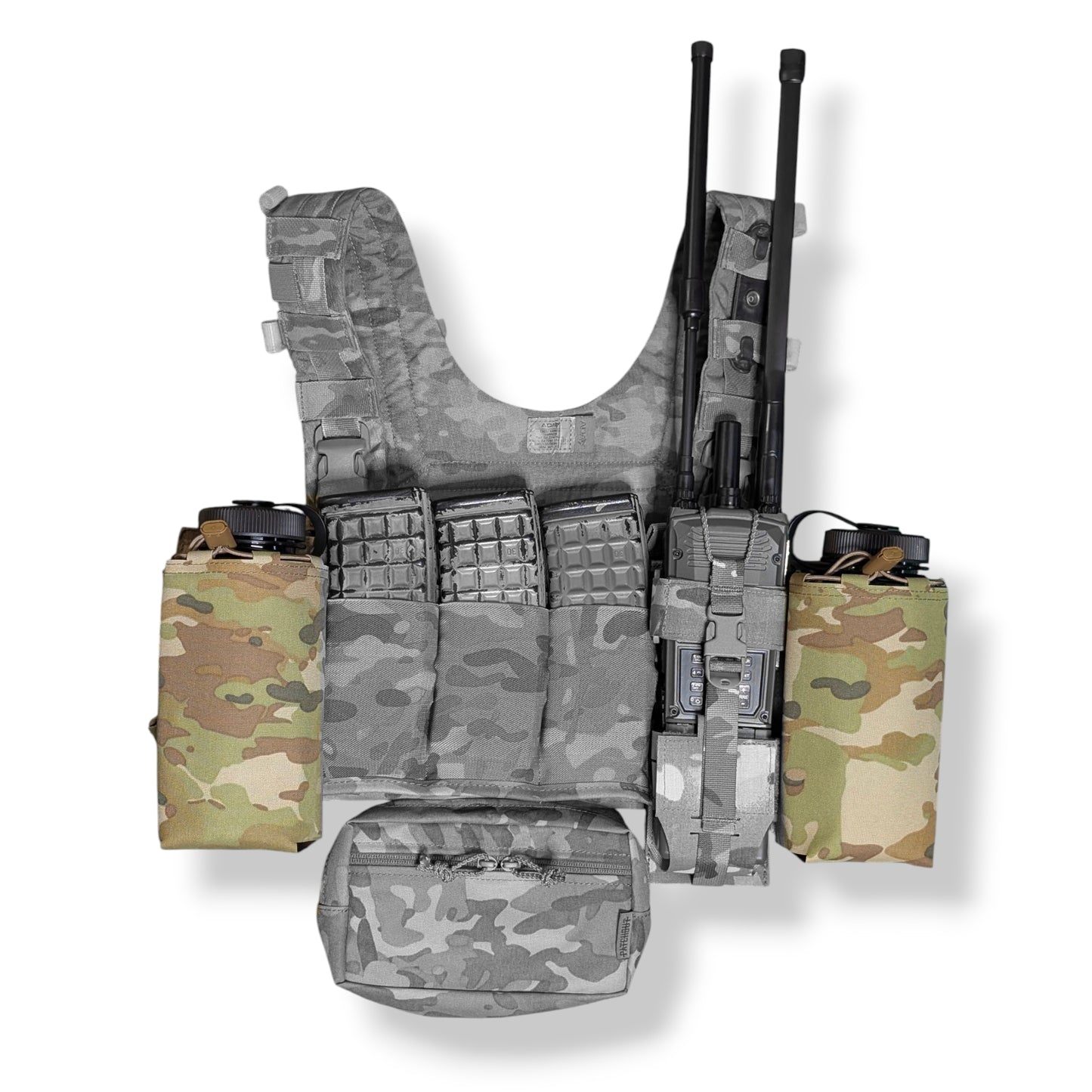 Camouflage tactical vest with multiple pouches and equipment on a white background