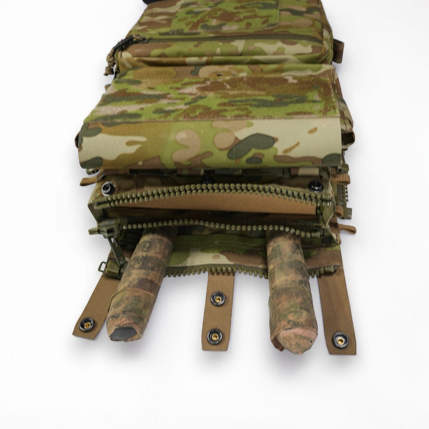 Camouflage tactical pouch with multiple zippers on a white background