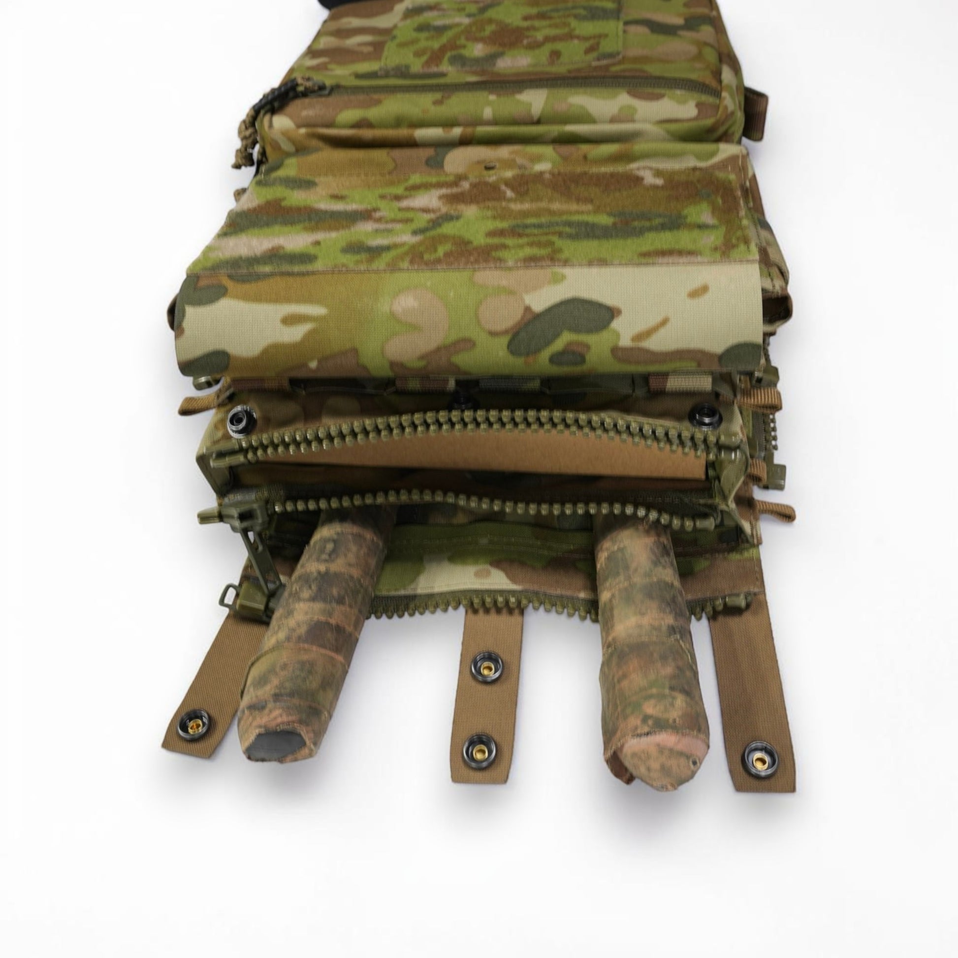 Camouflage tactical pouch with multiple zippers on a white background