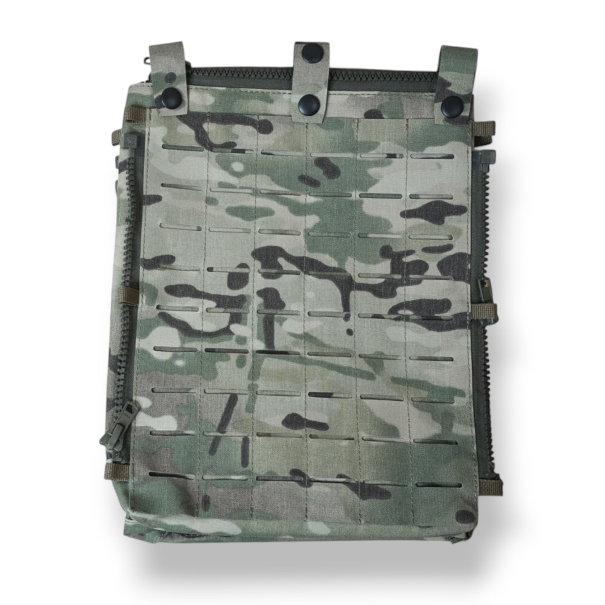 Multicam camouflage pouch with MOLLE straps on a white background